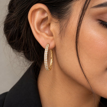 Moon Dust Gold Plated Double Row White CZ Medium Sized Hoop Earrings for Women (MD_101_G)