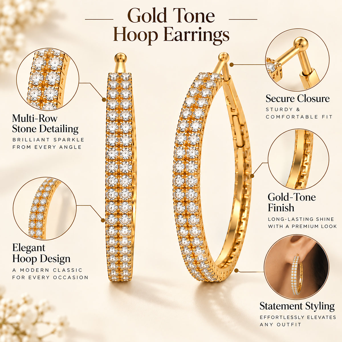 Moon Dust Gold Plated Double Row White CZ Medium Sized Hoop Earrings for Women (MD_101_G)
