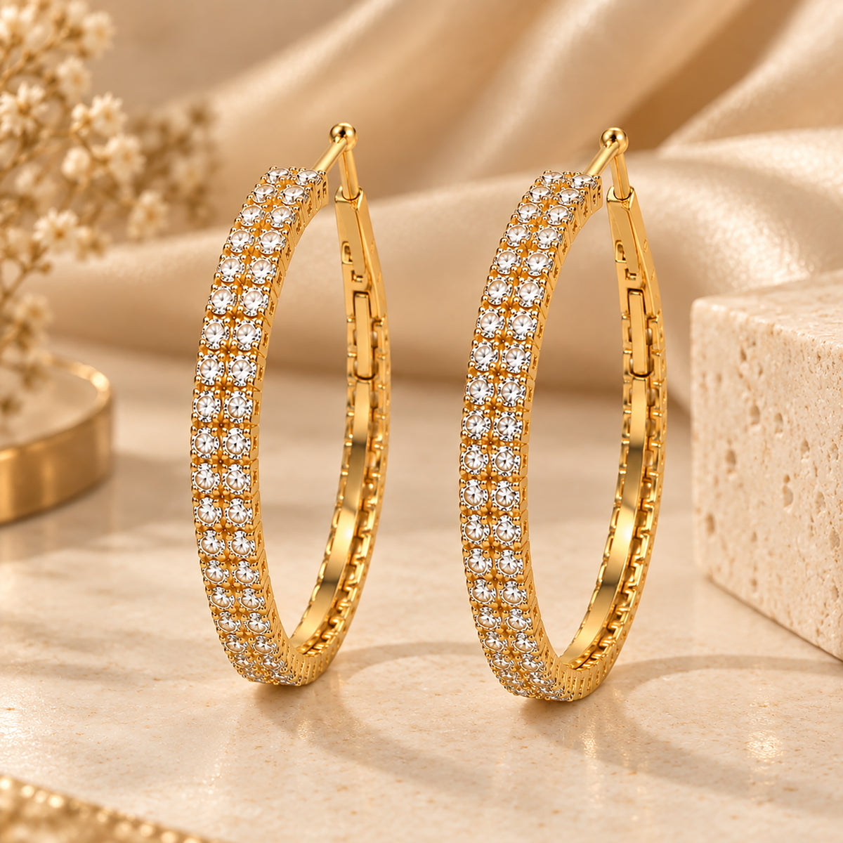 Moon Dust Gold Plated Double Row White CZ Medium Sized Hoop Earrings for Women (MD_101_G)