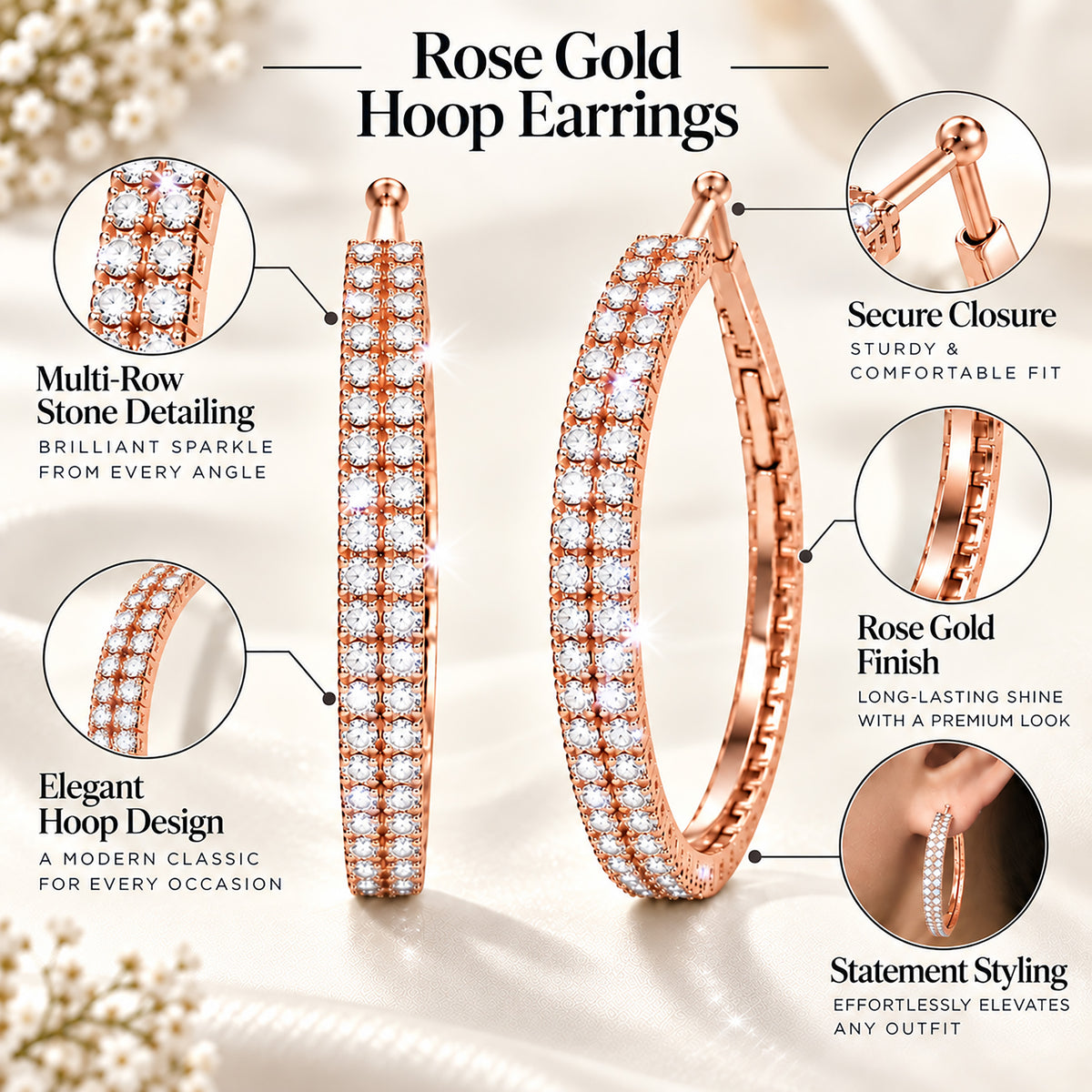 Moon Dust Rose Gold Plated Double Row White CZ Medium Sized Hoop Earrings for Women (MD_101_RG)