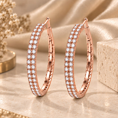 Moon Dust Rose Gold Plated Double Row White CZ Medium Sized Hoop Earrings for Women (MD_101_RG)