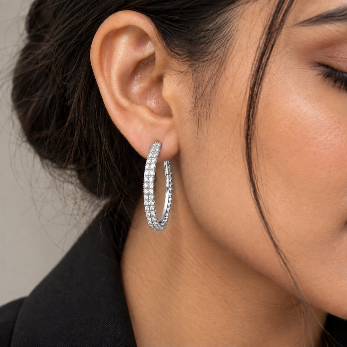 Moon Dust Silver Plated Double Row White CZ Medium Sized Hoop Earrings for Women (MD_101_S)