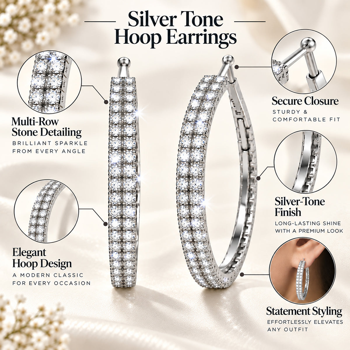 Moon Dust Silver Plated Double Row White CZ Medium Sized Hoop Earrings for Women (MD_101_S)