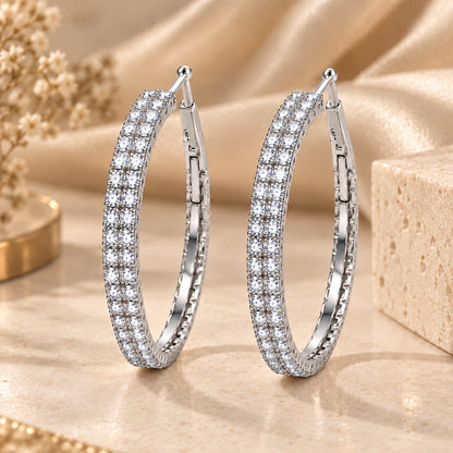 Moon Dust Silver Plated Double Row White CZ Medium Sized Hoop Earrings for Women (MD_101_S)