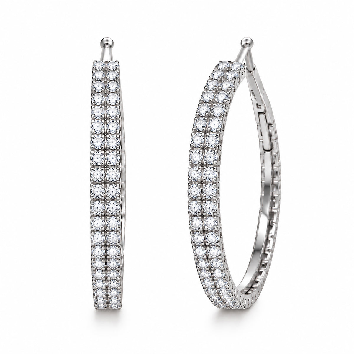 Moon Dust Silver Plated Double Row White CZ Medium Sized Hoop Earrings for Women (MD_101_S)