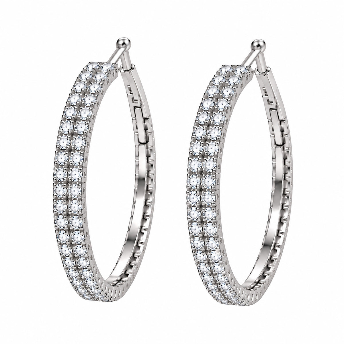 Moon Dust Silver Plated Double Row White CZ Medium Sized Hoop Earrings for Women (MD_101_S)