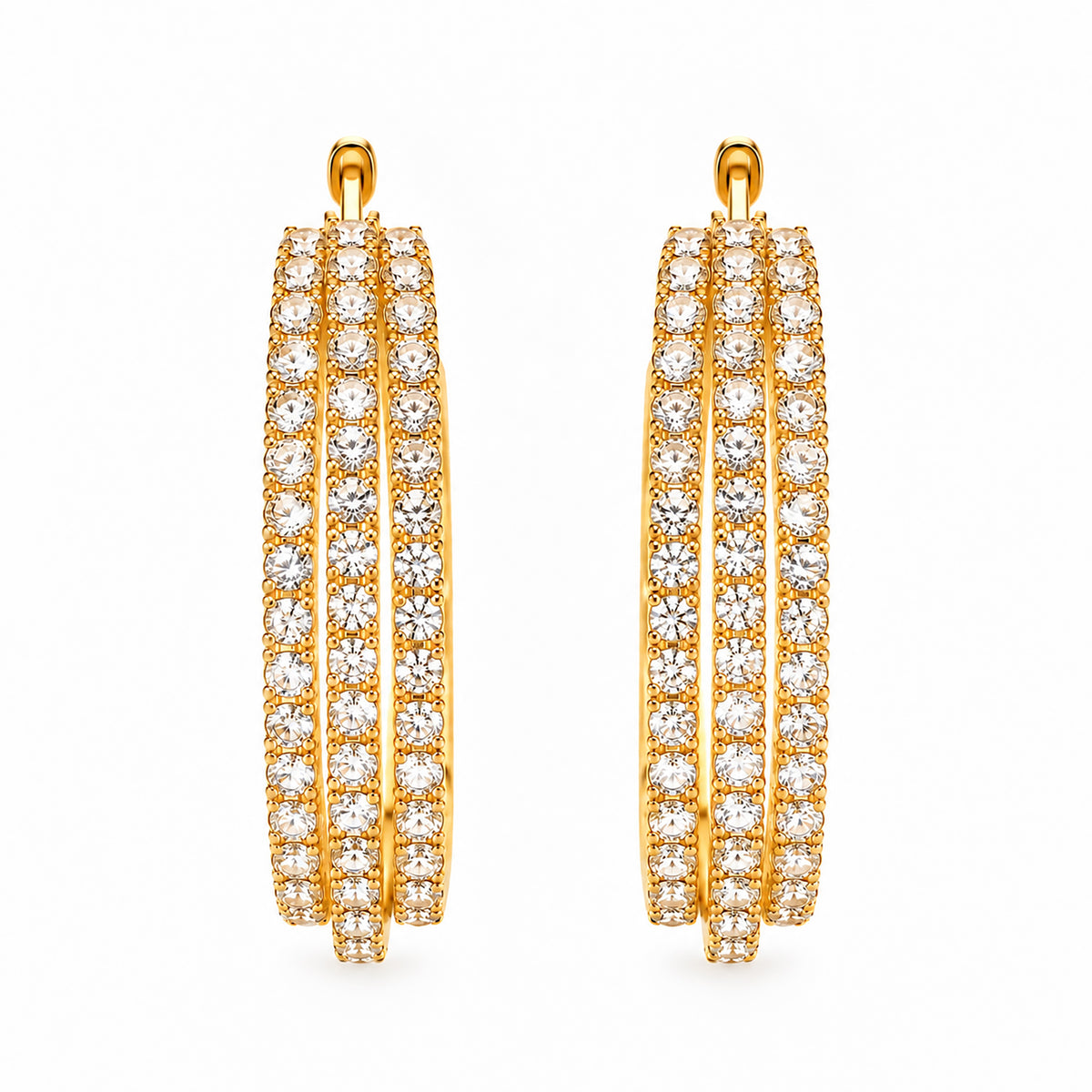 Moon Dust Gold Plated Triple Row White CZ Medium Sized Hoop Earrings for Women (MD_102_G)
