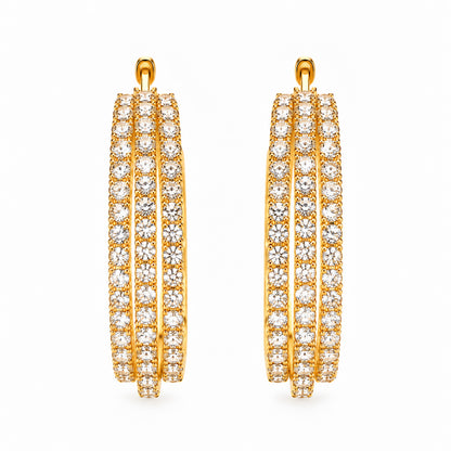 Moon Dust Gold Plated Triple Row White CZ Medium Sized Hoop Earrings for Women (MD_102_G)