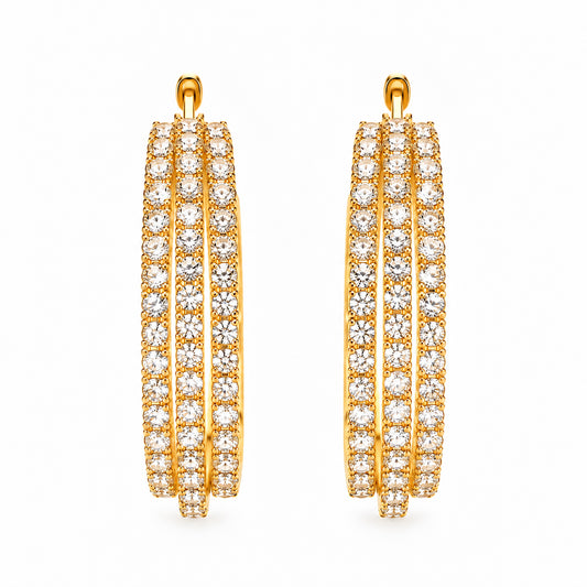 Moon Dust Gold Plated Triple Row White CZ Medium Sized Hoop Earrings for Women (MD_102_G)