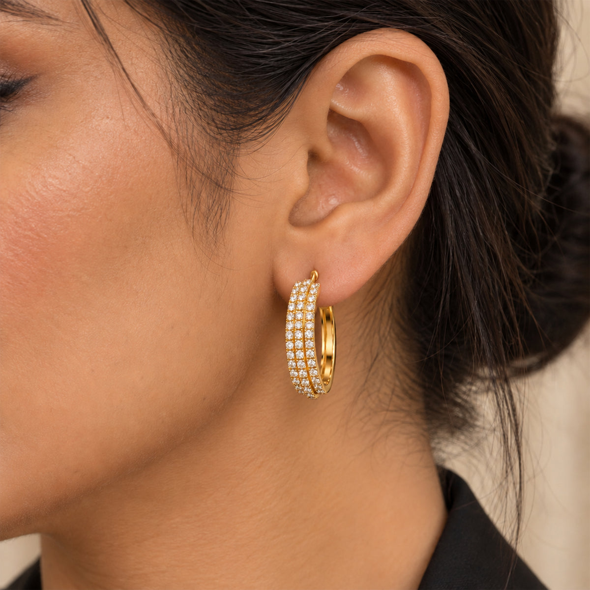 Moon Dust Gold Plated Triple Row White CZ Medium Sized Hoop Earrings for Women (MD_102_G)