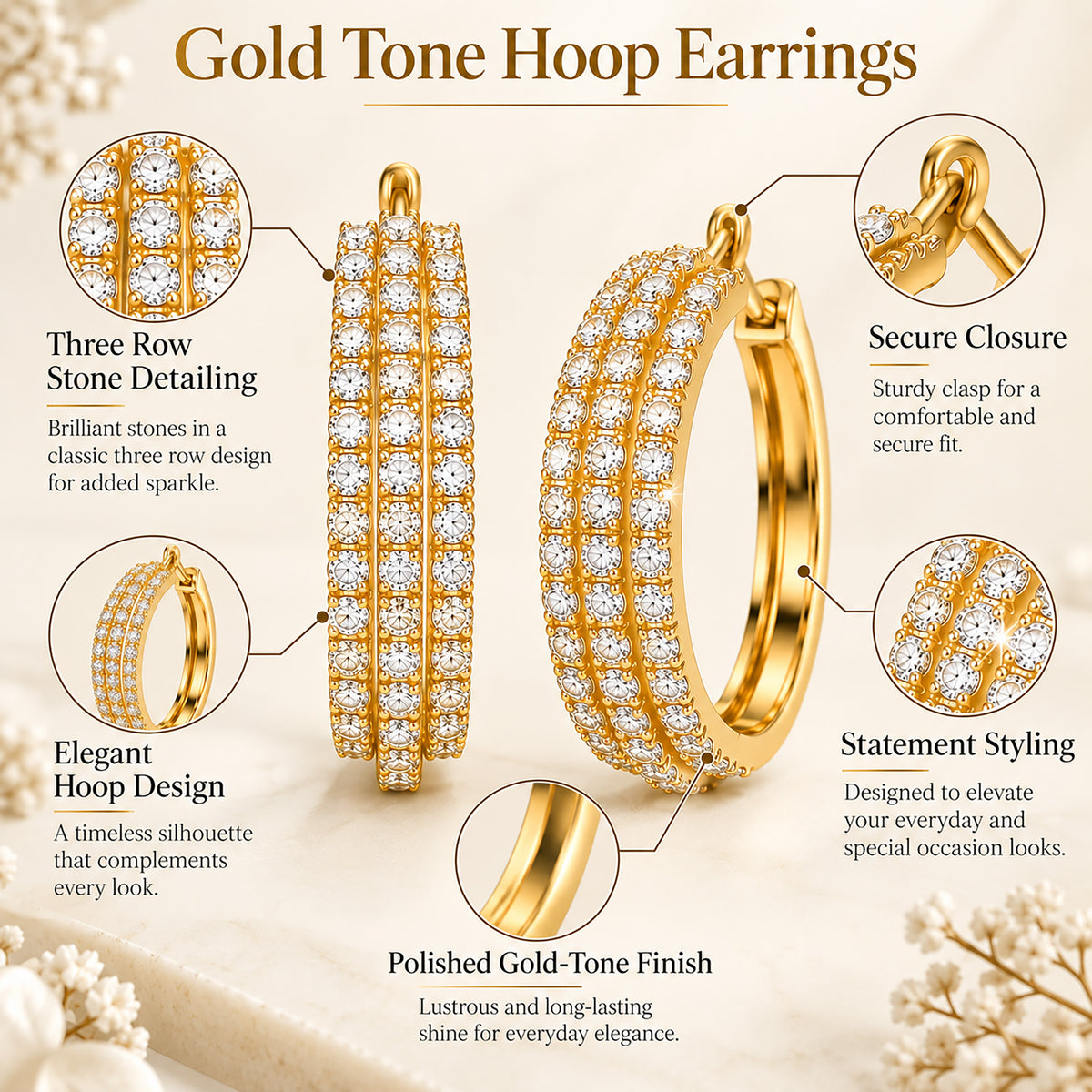 Moon Dust Gold Plated Triple Row White CZ Medium Sized Hoop Earrings for Women (MD_102_G)
