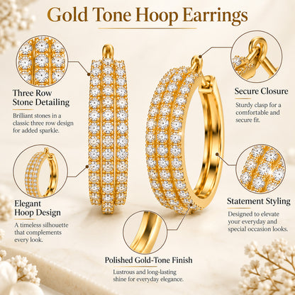 Moon Dust Gold Plated Triple Row White CZ Medium Sized Hoop Earrings for Women (MD_102_G)