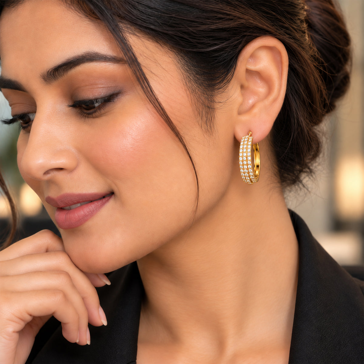 Moon Dust Gold Plated Triple Row White CZ Medium Sized Hoop Earrings for Women (MD_102_G)