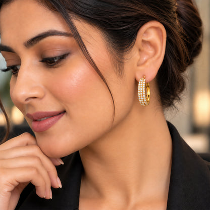 Moon Dust Gold Plated Triple Row White CZ Medium Sized Hoop Earrings for Women (MD_102_G)