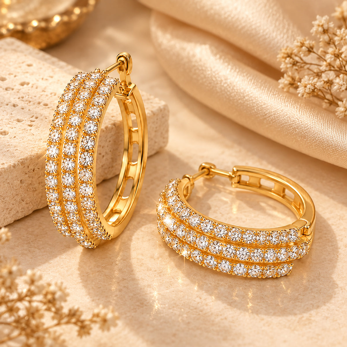 Moon Dust Gold Plated Triple Row White CZ Medium Sized Hoop Earrings for Women (MD_102_G)