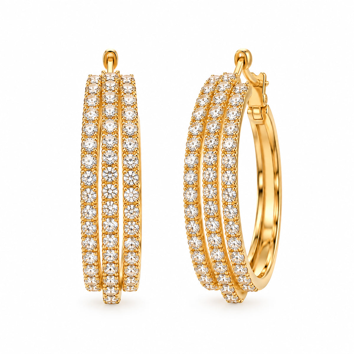 Moon Dust Gold Plated Triple Row White CZ Medium Sized Hoop Earrings for Women (MD_102_G)