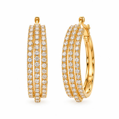 Moon Dust Gold Plated Triple Row White CZ Medium Sized Hoop Earrings for Women (MD_102_G)