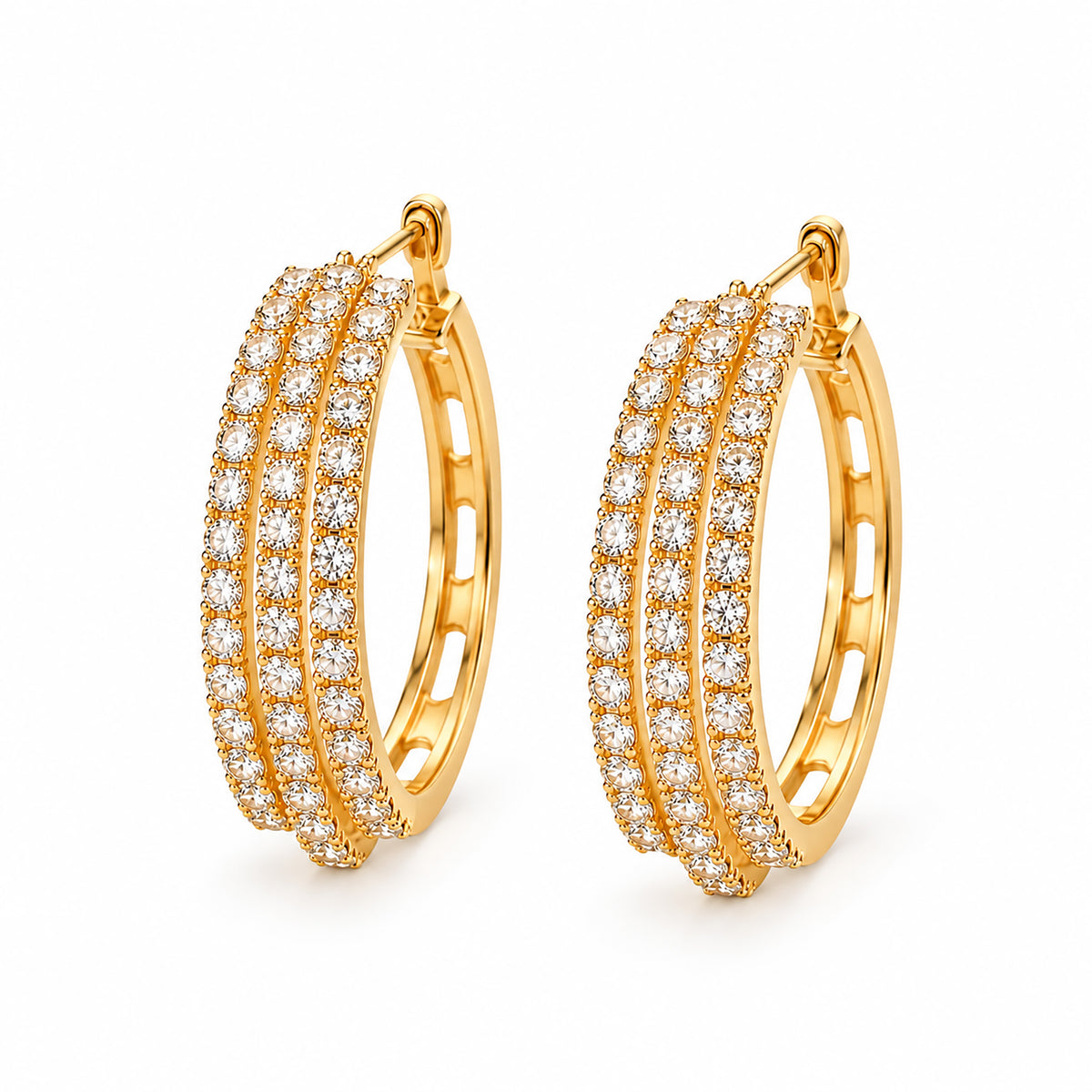 Moon Dust Gold Plated Triple Row White CZ Medium Sized Hoop Earrings for Women (MD_102_G)