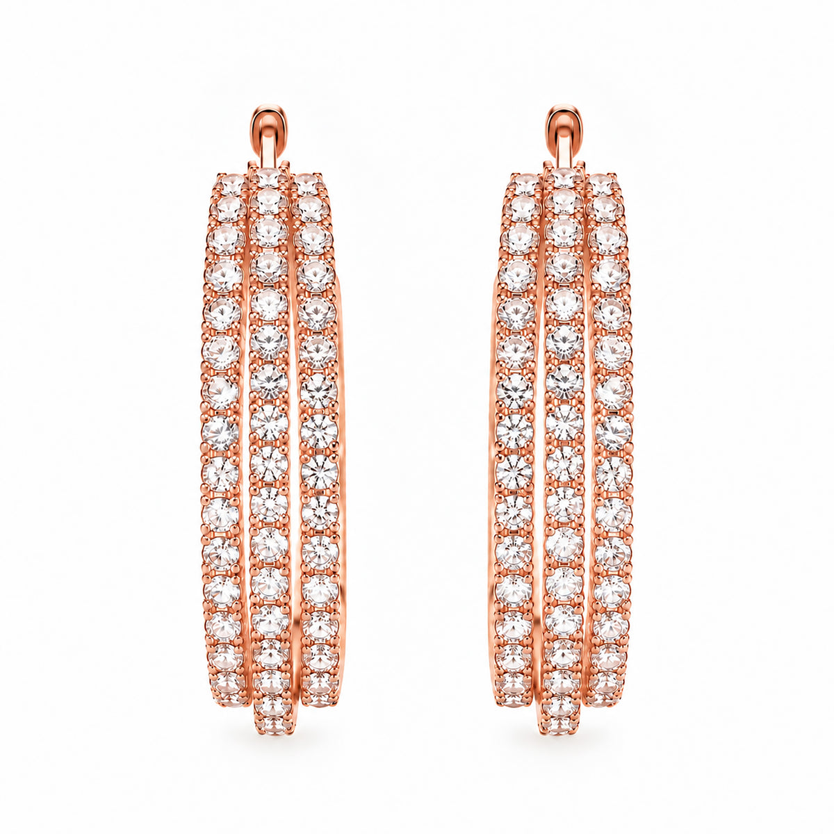 Moon Dust Rose Gold Plated Triple Row White CZ Medium Sized Hoop Earrings for Women (MD_102_RG)