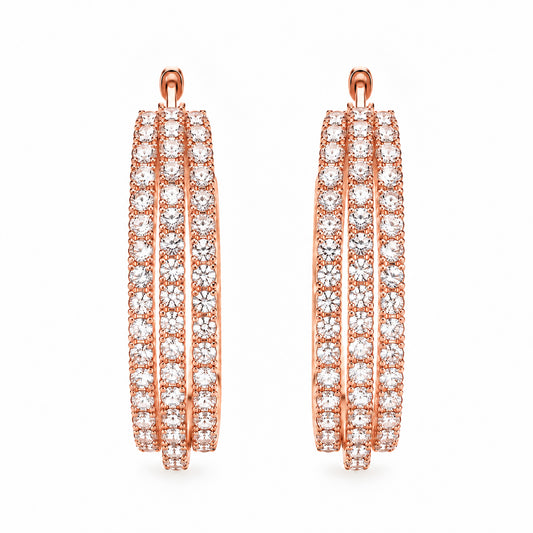 Moon Dust Rose Gold Plated Triple Row White CZ Medium Sized Hoop Earrings for Women (MD_102_RG)