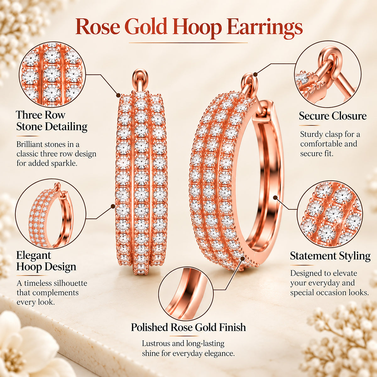 Moon Dust Rose Gold Plated Triple Row White CZ Medium Sized Hoop Earrings for Women (MD_102_RG)
