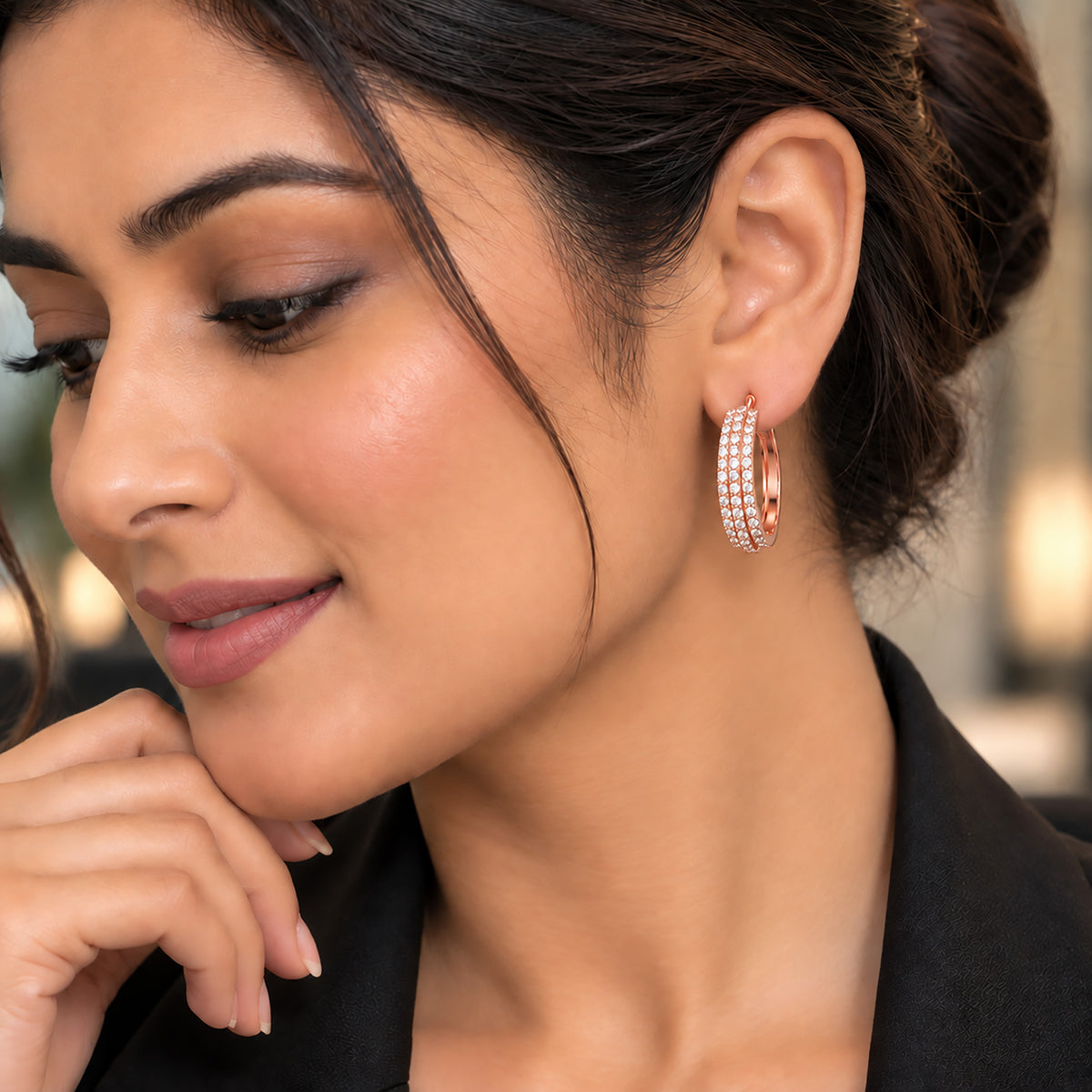 Moon Dust Rose Gold Plated Triple Row White CZ Medium Sized Hoop Earrings for Women (MD_102_RG)
