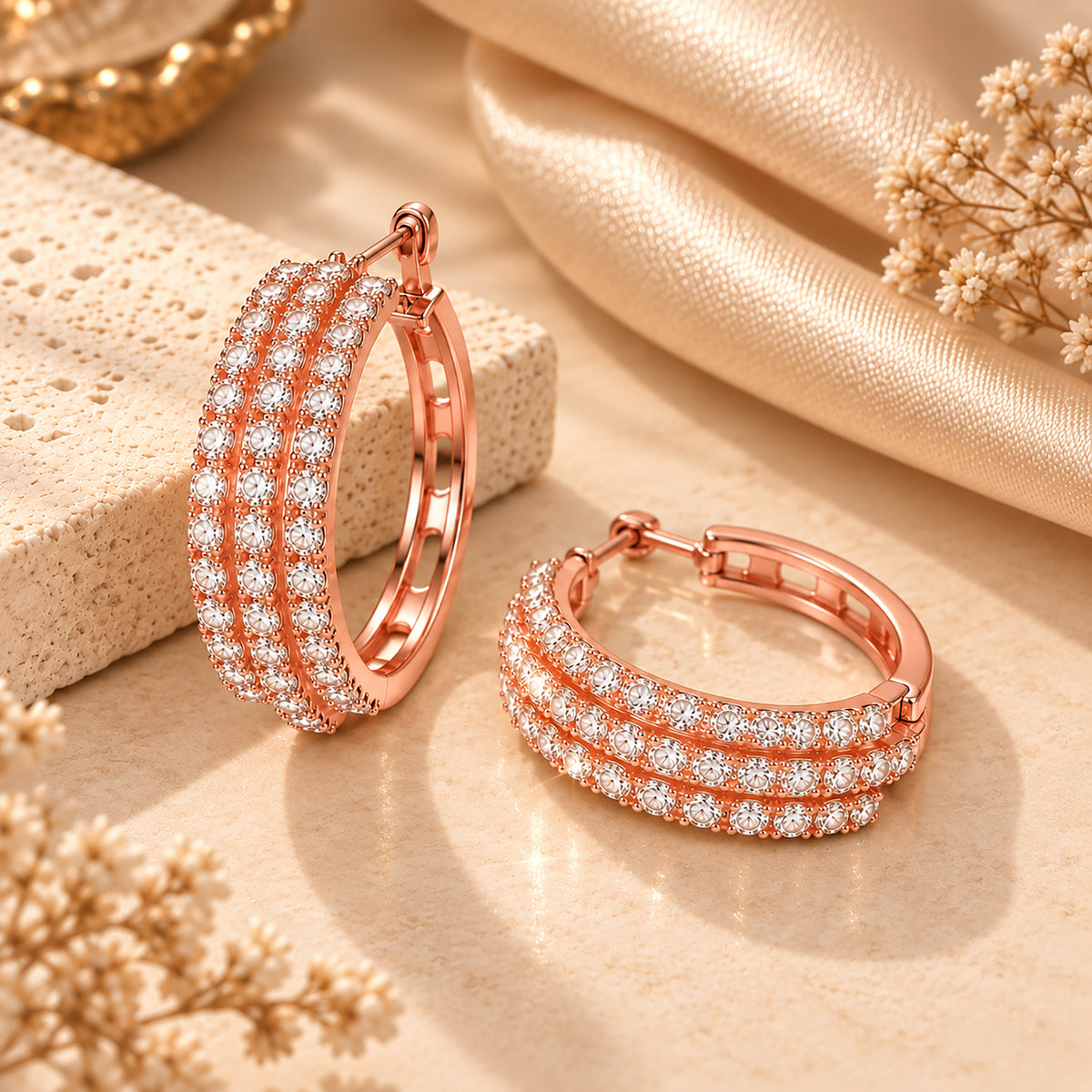 Moon Dust Rose Gold Plated Triple Row White CZ Medium Sized Hoop Earrings for Women (MD_102_RG)