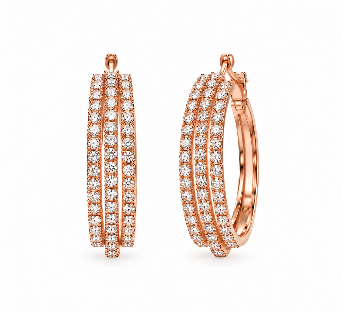 Moon Dust Rose Gold Plated Triple Row White CZ Medium Sized Hoop Earrings for Women (MD_102_RG)