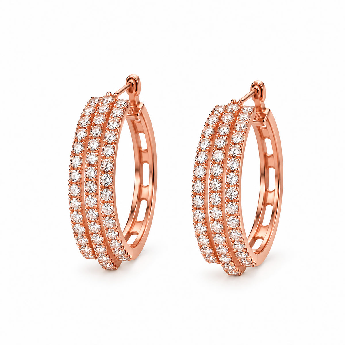 Moon Dust Rose Gold Plated Triple Row White CZ Medium Sized Hoop Earrings for Women (MD_102_RG)