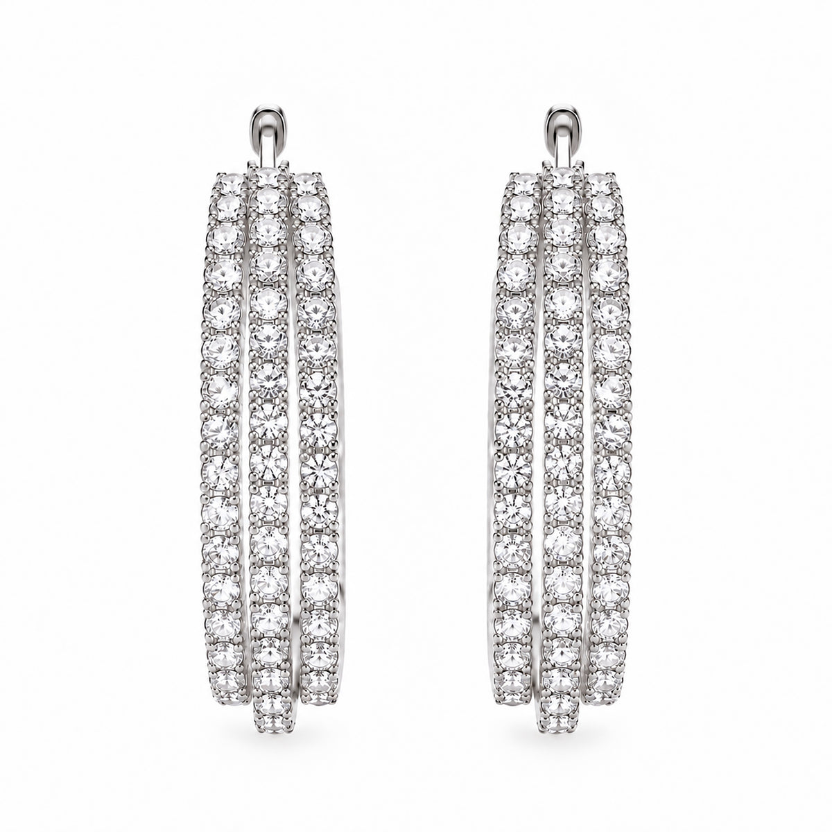 Moon Dust Silver Plated Triple Row White CZ Medium Sized Hoop Earrings for Women (MD_102_S)