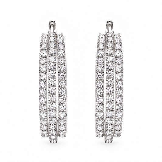 Moon Dust Silver Plated Triple Row White CZ Medium Sized Hoop Earrings for Women (MD_102_S)