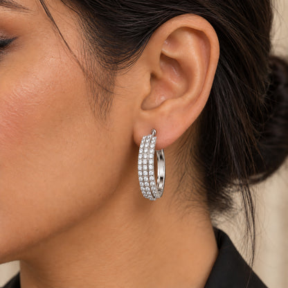 Moon Dust Silver Plated Triple Row White CZ Medium Sized Hoop Earrings for Women (MD_102_S)