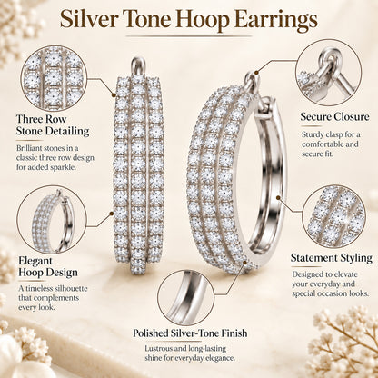 Moon Dust Silver Plated Triple Row White CZ Medium Sized Hoop Earrings for Women (MD_102_S)