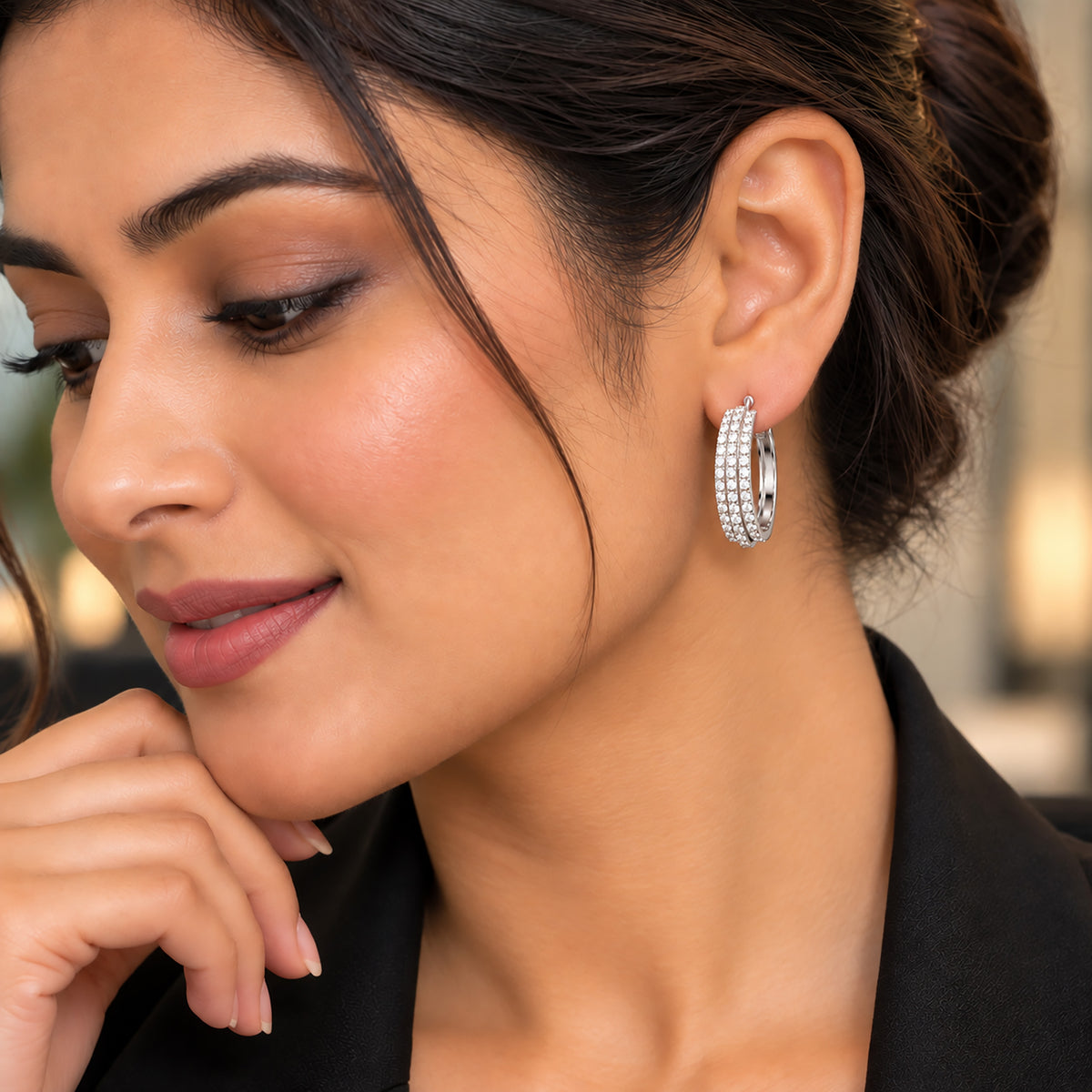 Moon Dust Silver Plated Triple Row White CZ Medium Sized Hoop Earrings for Women (MD_102_S)