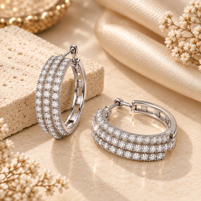 Moon Dust Silver Plated Triple Row White CZ Medium Sized Hoop Earrings for Women (MD_102_S)