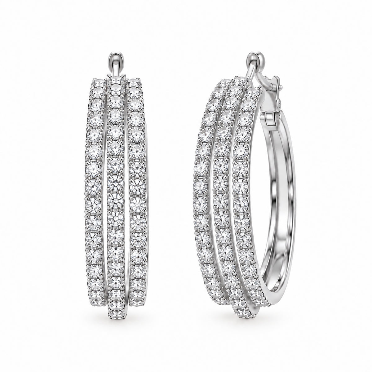 Moon Dust Silver Plated Triple Row White CZ Medium Sized Hoop Earrings for Women (MD_102_S)