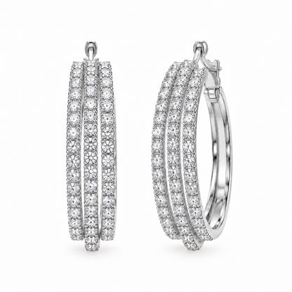 Moon Dust Silver Plated Triple Row White CZ Medium Sized Hoop Earrings for Women (MD_102_S)