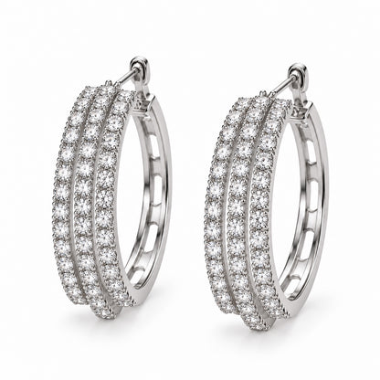 Moon Dust Silver Plated Triple Row White CZ Medium Sized Hoop Earrings for Women (MD_102_S)