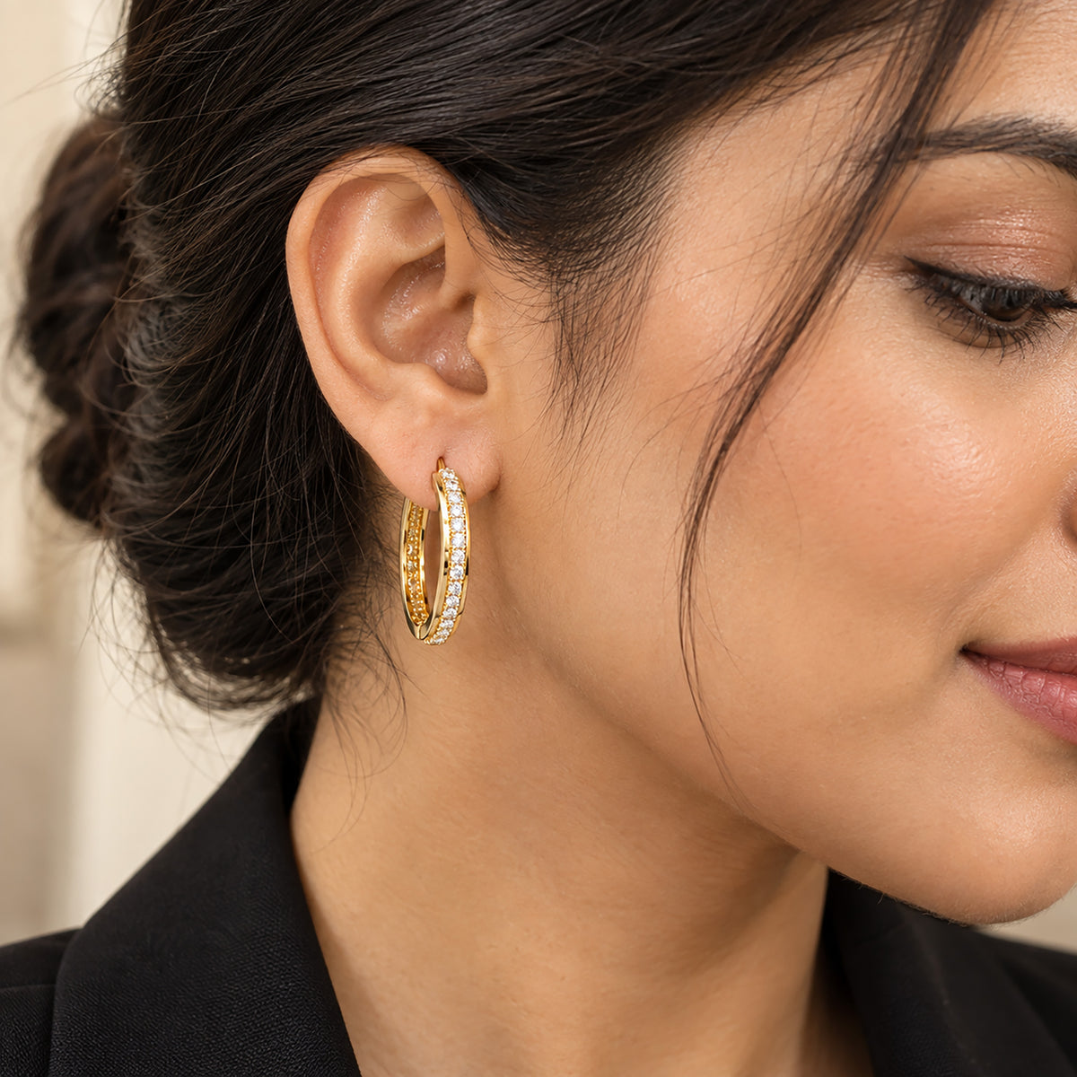 Moon Dust Gold Plated White CZ Studded Medium Sized Hoop Earrings for Women (MD_103_G)