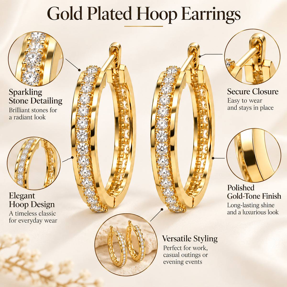 Moon Dust Gold Plated White CZ Studded Medium Sized Hoop Earrings for Women (MD_103_G)