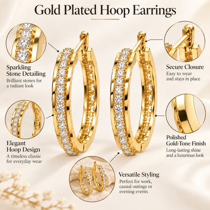 Moon Dust Gold Plated White CZ Studded Medium Sized Hoop Earrings for Women (MD_103_G)