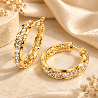 Moon Dust Gold Plated White CZ Studded Medium Sized Hoop Earrings for Women (MD_103_G)