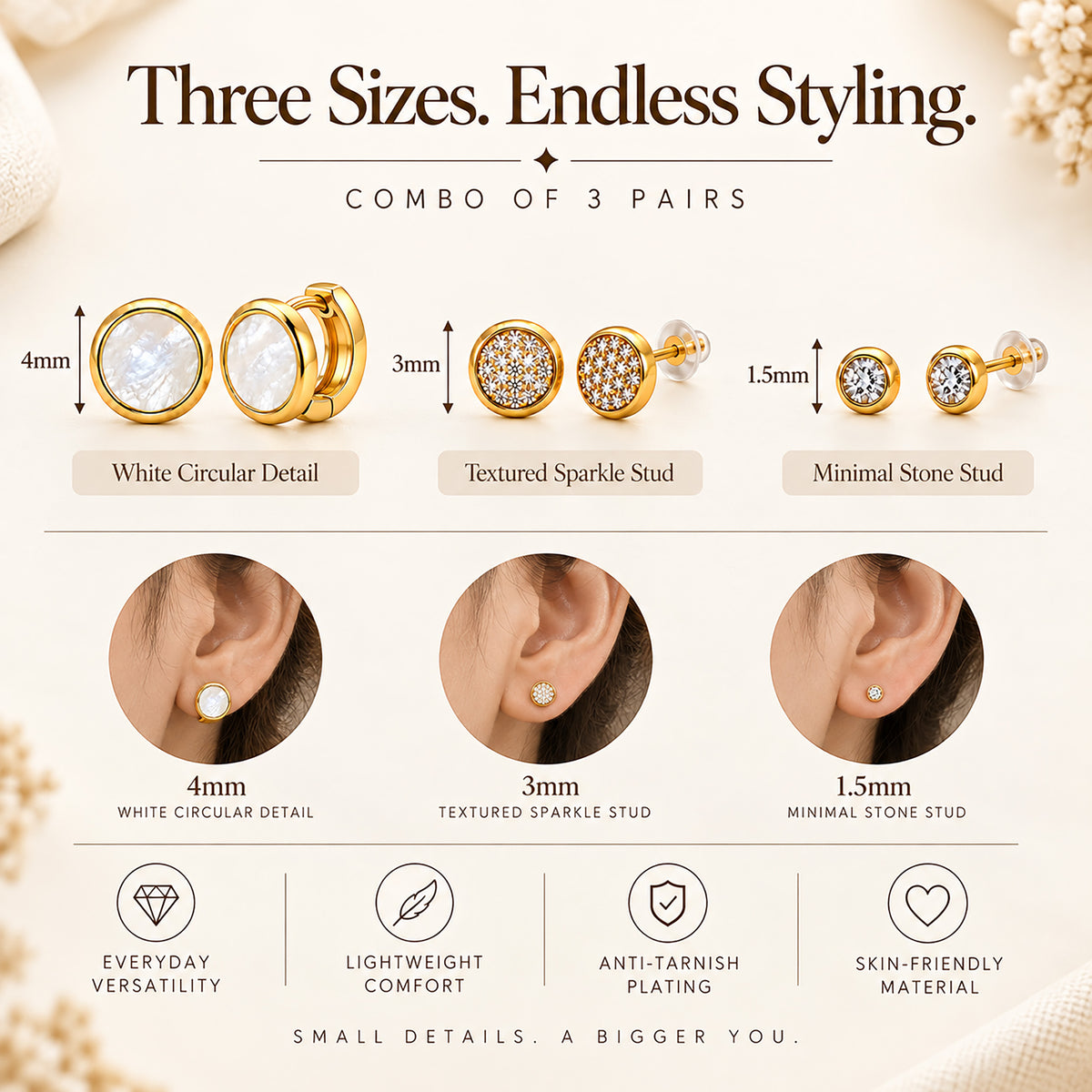 Moon Dust Gold Plated CZ  Small Earring Stack Stud Combo of 3 for Women (MD_104_G)