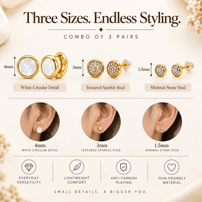 Moon Dust Gold Plated CZ  Small Earring Stack Stud Combo of 3 for Women (MD_104_G)