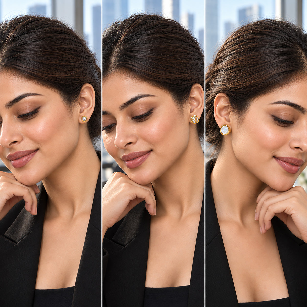 Moon Dust Gold Plated CZ  Small Earring Stack Stud Combo of 3 for Women (MD_104_G)