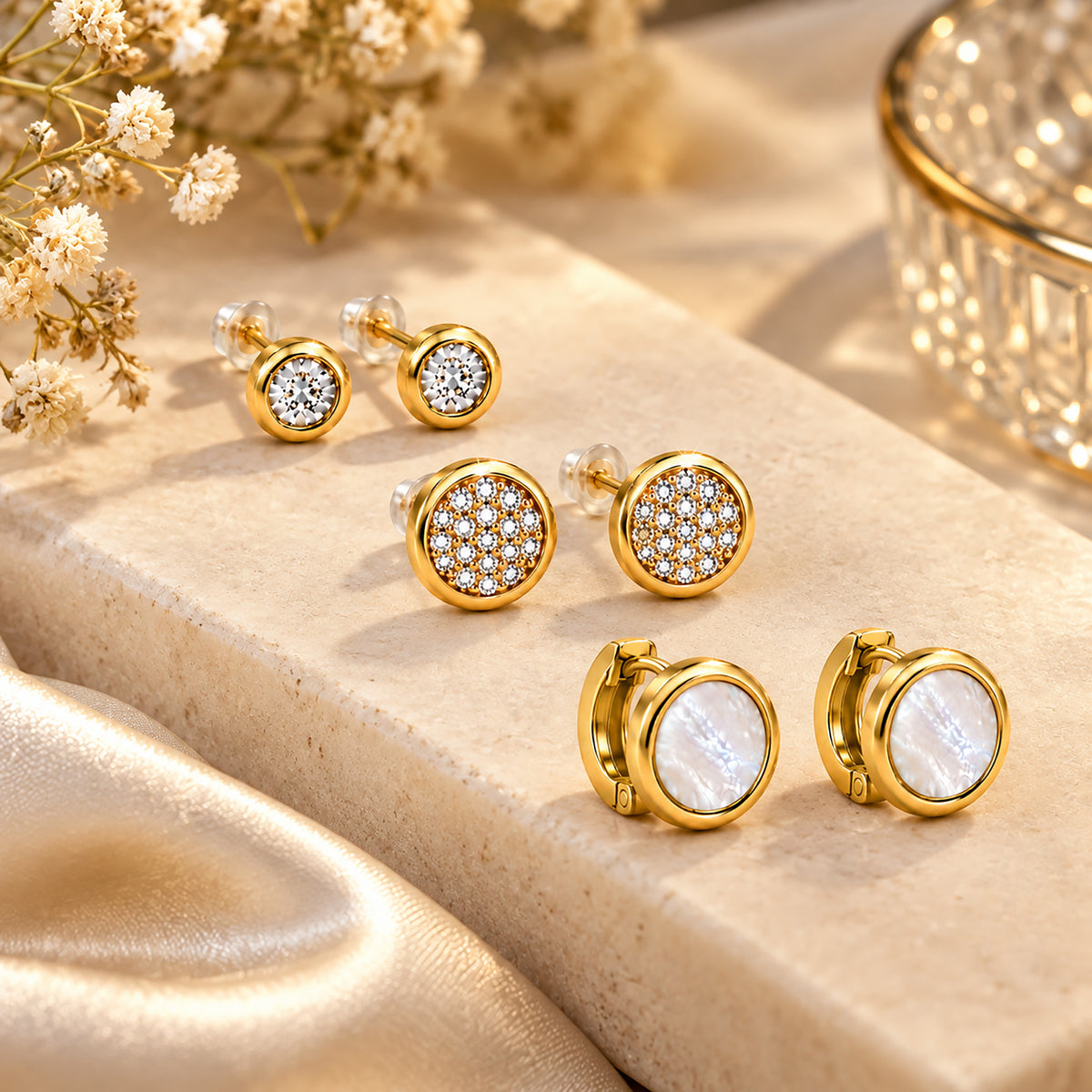 Moon Dust Gold Plated CZ  Small Earring Stack Stud Combo of 3 for Women (MD_104_G)