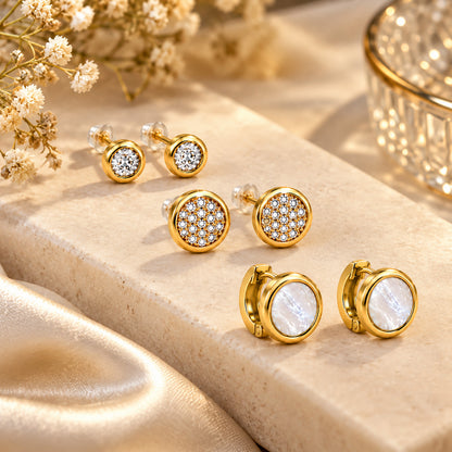 Moon Dust Gold Plated CZ  Small Earring Stack Stud Combo of 3 for Women (MD_104_G)