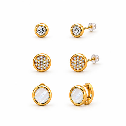 Moon Dust Gold Plated CZ  Small Earring Stack Stud Combo of 3 for Women (MD_104_G)