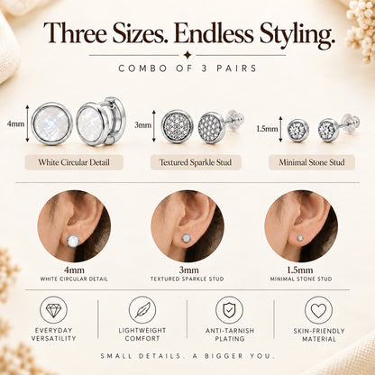 Moon Dust Silver Plated CZ  Small Earring Stack Stud Combo of 3 for Women (MD_104_S)