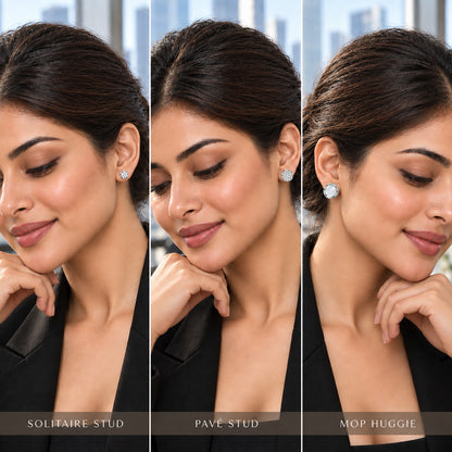 Moon Dust Silver Plated CZ  Small Earring Stack Stud Combo of 3 for Women (MD_104_S)